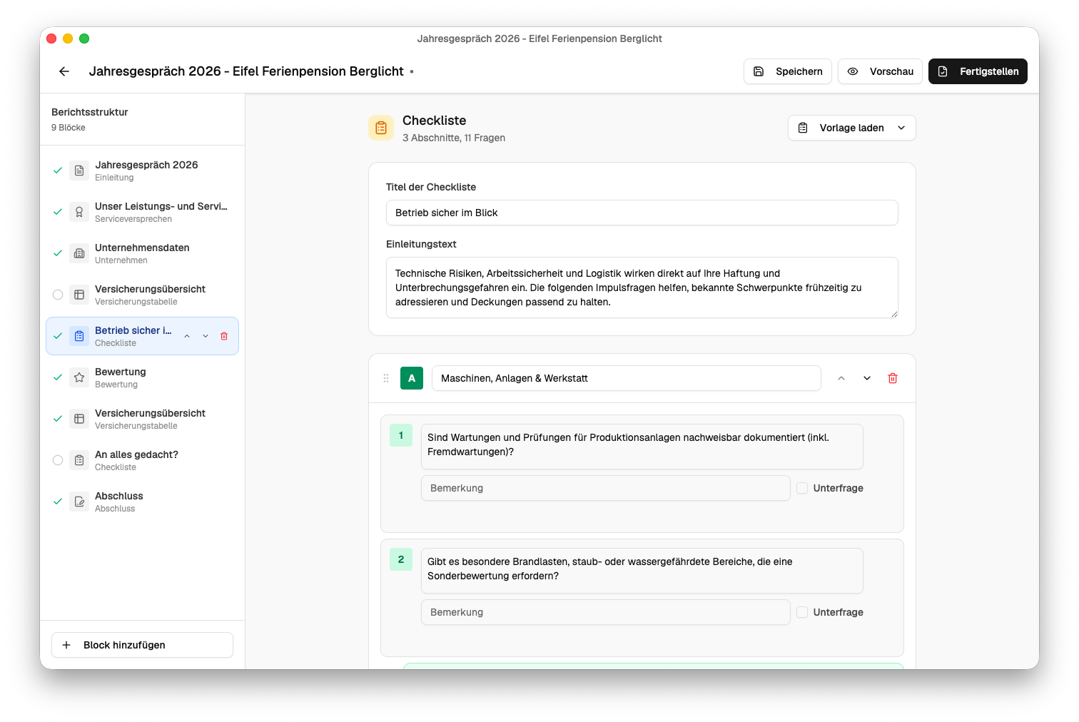 Block-Editor mit Checkliste
